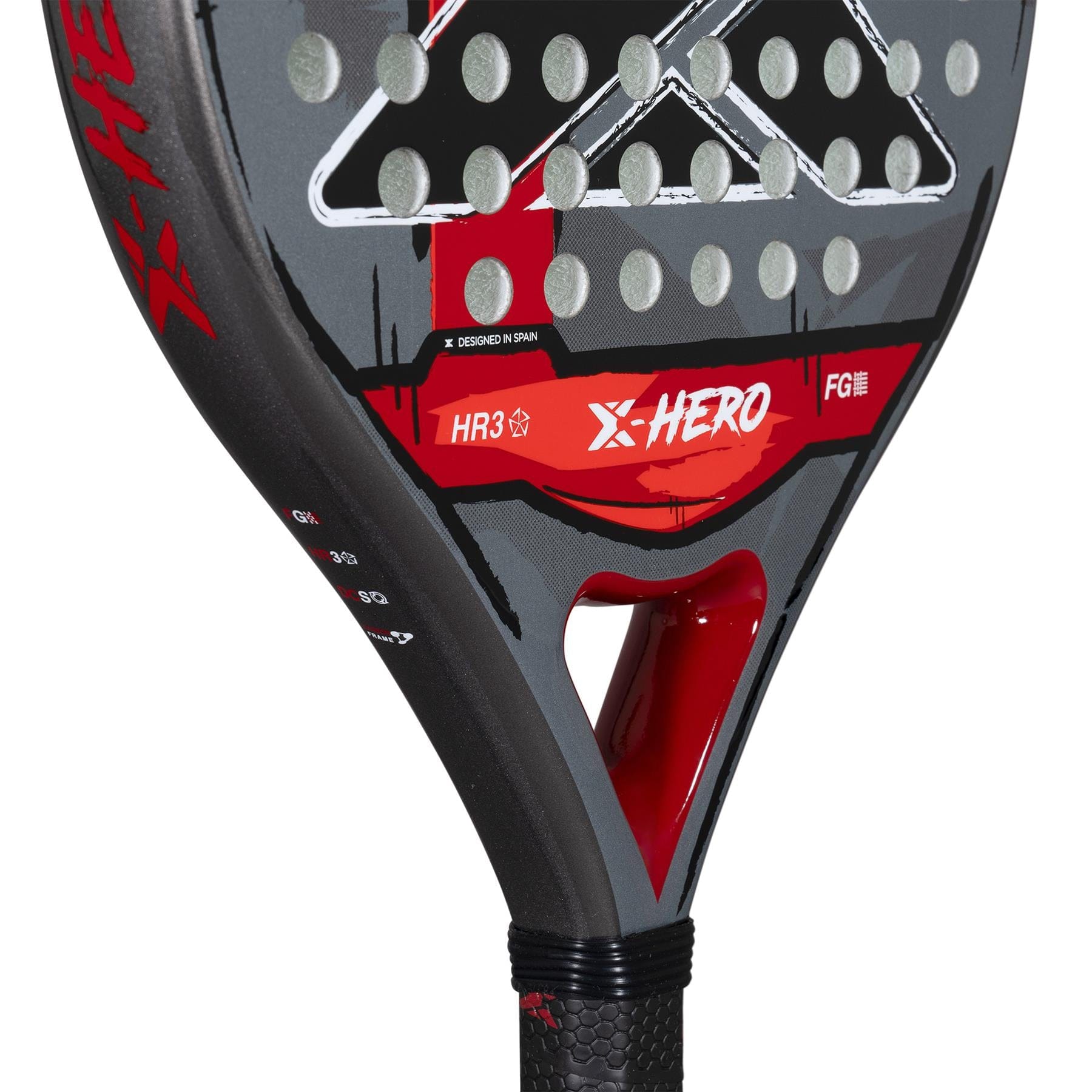 Close-up of the NOX X-Hero Red Padel Racket by NOX—a beginner’s padel racket designed for control and precision, featuring a black and red face with circular holes, a textured grip handle, model "HR3," and bold graphics.