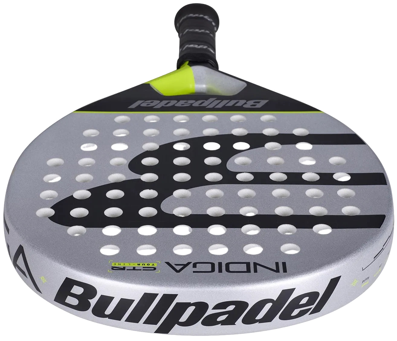 The Bullpadel Indiga Ctr 2026 Padel Racket features a silver and black design with the Bullpadel logo on the face, multiple small holes for precision control, and a black grip handle.