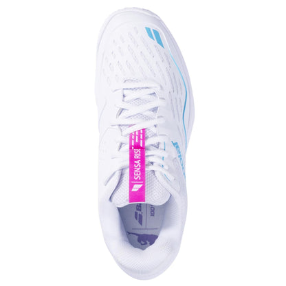 Top view of the Babolat Sensa Rise Womens Padel Shoes in white with rhodamine red accents and a perforated design for breathability—perfect for padel enthusiasts seeking quality and style from Babolat.