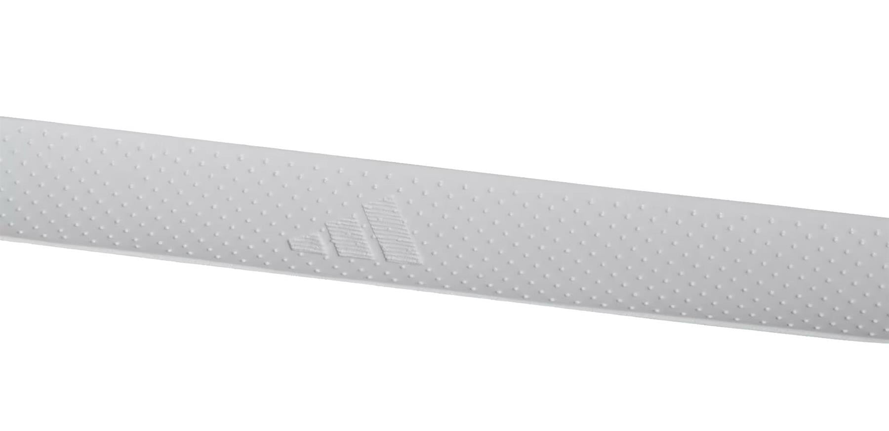 A close-up of a white adidas Padel Overgrips (3 Pack) strip, featuring small bumps, micro-perforations, and an embossed triangle logo for comfort and performance, shown against a plain white background.