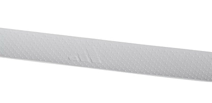 A close-up of a white adidas Padel Overgrips (3 Pack) strip, featuring small bumps, micro-perforations, and an embossed triangle logo for comfort and performance, shown against a plain white background.