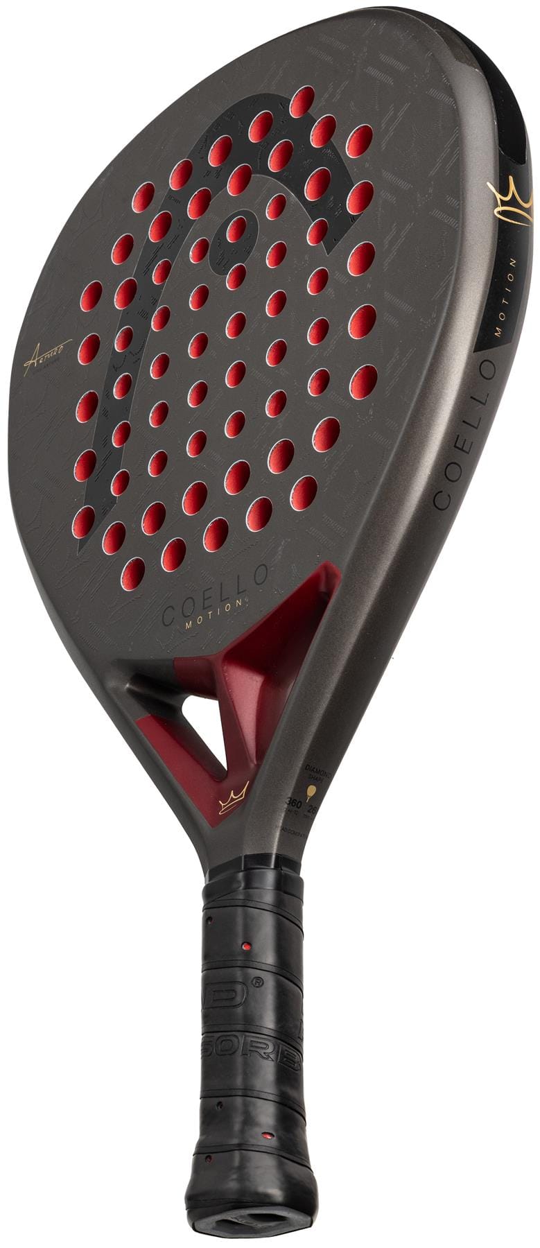 The HEAD Coello Motion 2026 Padel Racket features a black and red diamond-shaped design, gold star logos, round holes, a textured surface, a black wrapped grip handle, and Arturo Coello’s signature on the frame.