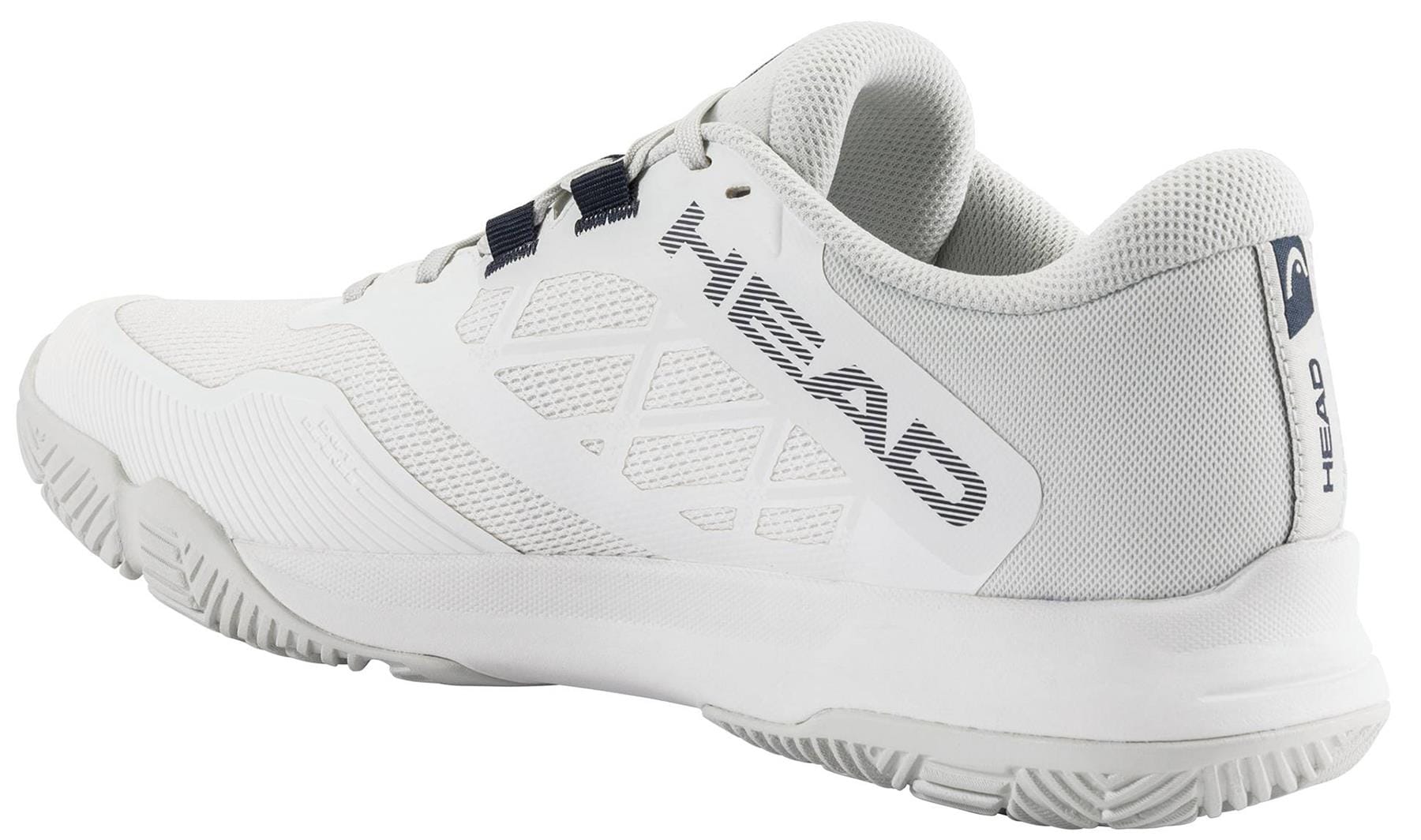 The HEAD Motion Team 1.5 Men's Padel Shoes in white feature a textured sole, mesh panels, and "HEAD" branding on the side and heel. Dark laces and details complete this lightweight athletic design inspired by top performance standards.