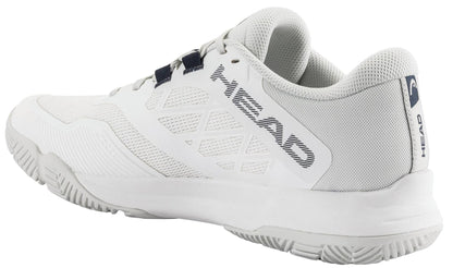The HEAD Motion Team 1.5 Men's Padel Shoes in white feature a textured sole, mesh panels, and "HEAD" branding on the side and heel. Dark laces and details complete this lightweight athletic design inspired by top performance standards.