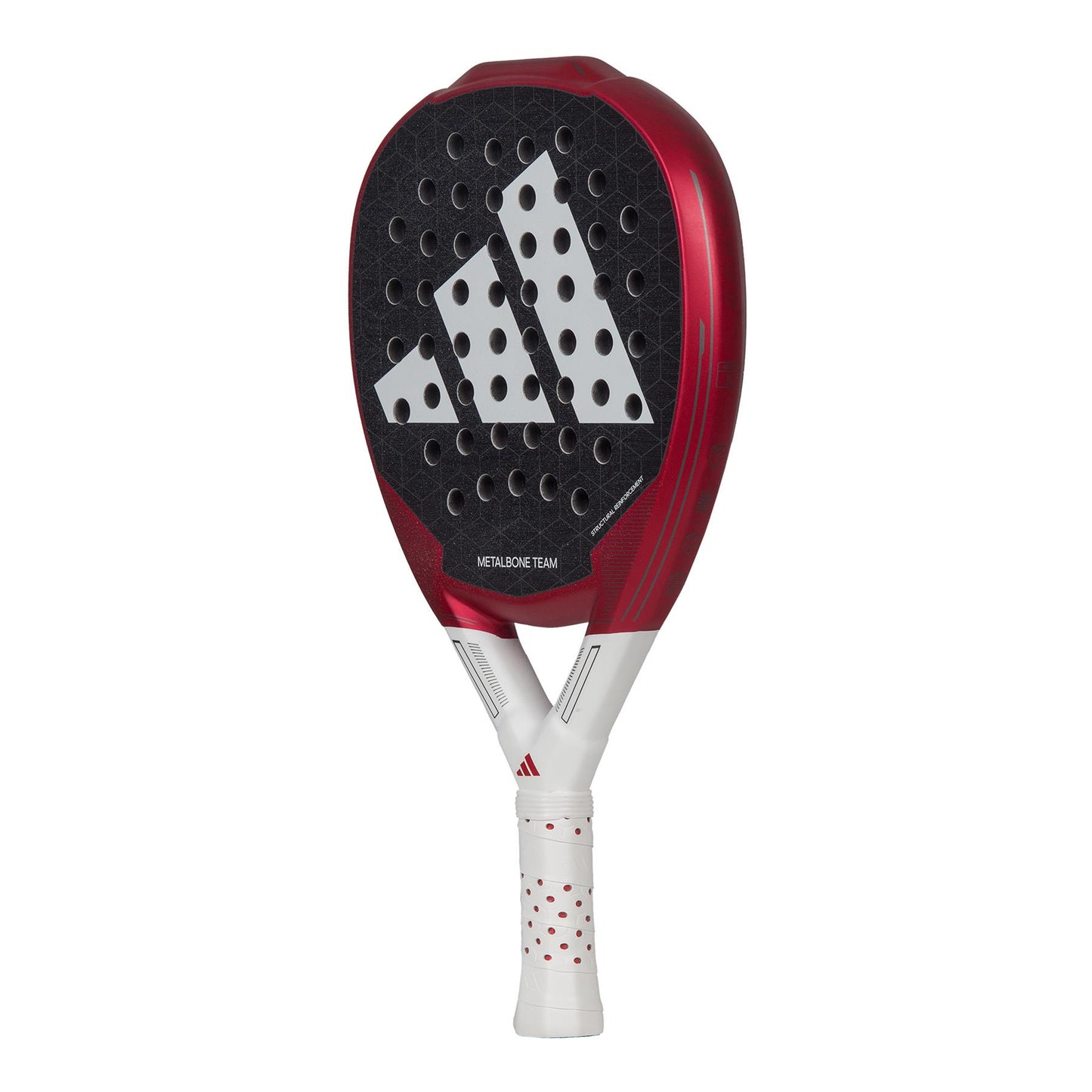 The adidas Metalbone Team 3.3 Padel Racket in red features a diamond-shaped head with a sleek and sporty design, highlighted by white accents and a prominent white logo on its face. It includes Spin Blade Grit technology, with holes throughout the racket surface. The handle is designed in white with red dots, complementing the overall aesthetic.