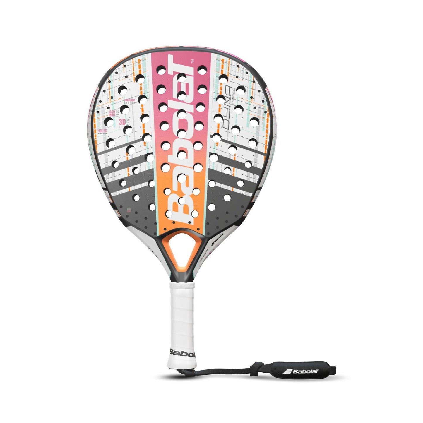 The Babolat Dyna Energy Padel Racket - White / Pink showcases a lively design in pink, orange, and white. It includes a perforated Carbon Flex surface and a black handle with a white grip. The brand name "Babolat" is distinctly displayed on the front.