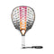 The Babolat Dyna Energy Padel Racket - White / Pink showcases a lively design in pink, orange, and white. It includes a perforated Carbon Flex surface and a black handle with a white grip. The brand name "Babolat" is distinctly displayed on the front.