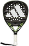 The adidas Cross It Carbon 2026 Padel Racket in black and green features a white perforated face, a white grip with gold dots, carbon fibre build, black wrist strap, and visible adidas branding.