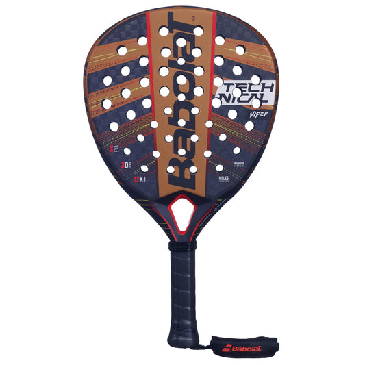 The Babolat Technical Viper Padel Racket in copper and black delivers extreme power with its perforated surface, enhanced by vibration-dampening technology. The handle features a comfortable black grip with a red Babolat strap attached, ensuring optimal performance on the court.