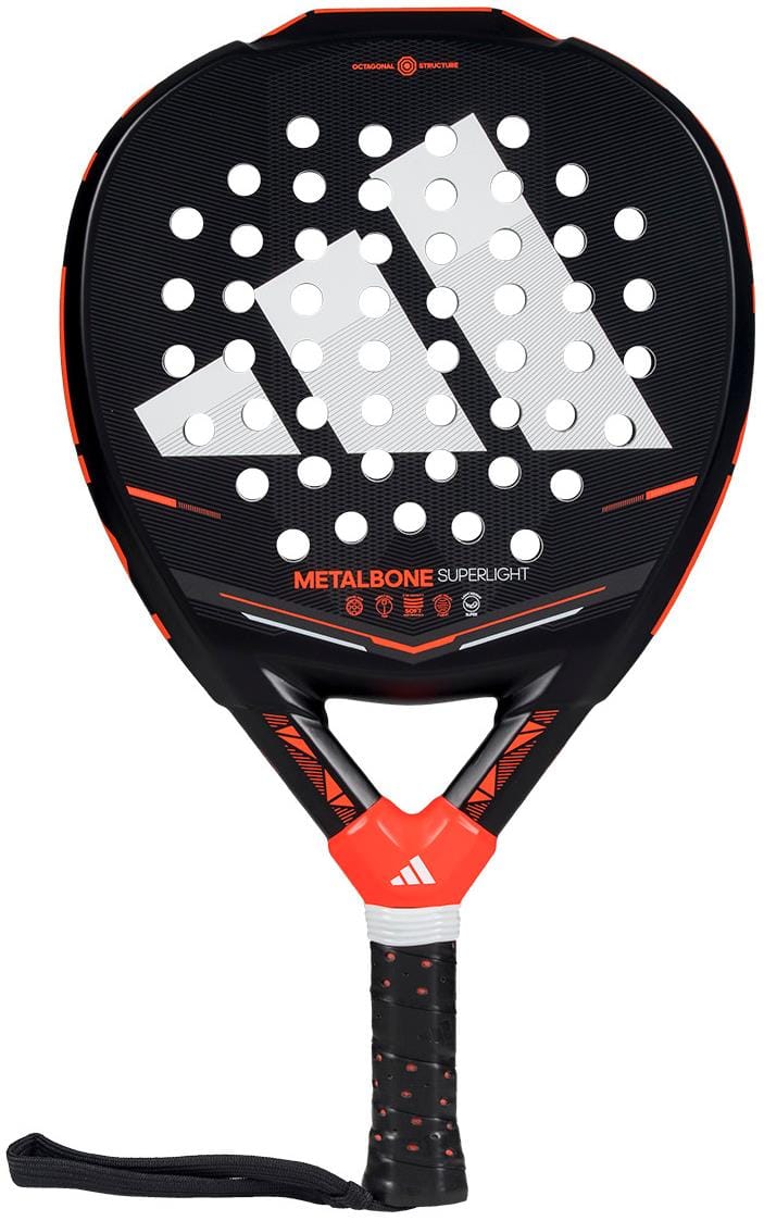 The adidas Metalbone Superlight 2026 Padel Racket in black and red features a large white adidas logo, multiple circular holes on the face, a lightweight build, a black grip-wrapped handle, and an attached wrist strap for secure play.