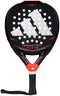 The adidas Metalbone Superlight 2026 Padel Racket in black and red features a large white adidas logo, multiple circular holes on the face, a lightweight build, a black grip-wrapped handle, and an attached wrist strap for secure play.
