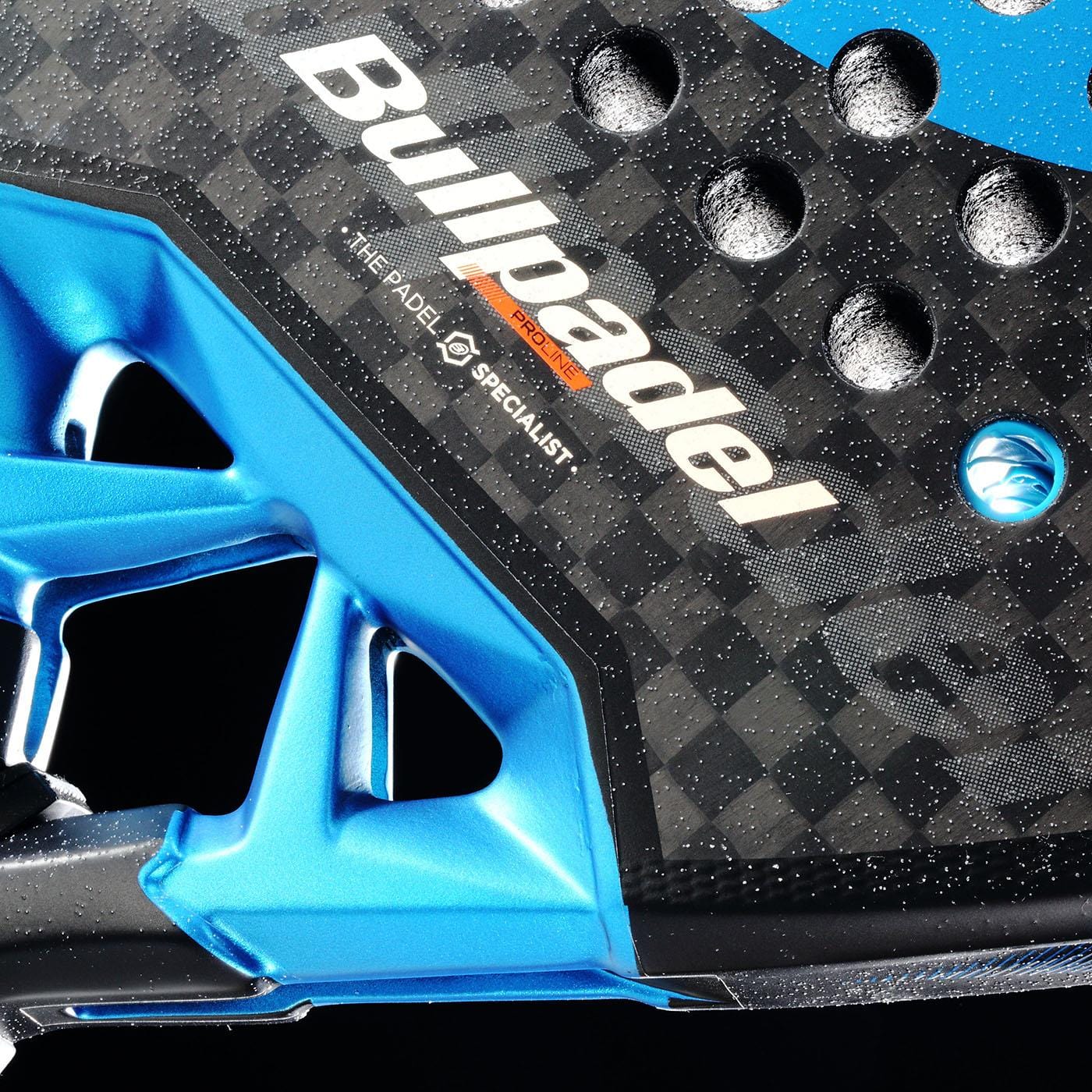 Close-up of the Bullpadel Vertex 05 Hybrid 2026 Padel Racket in black and blue, featuring a hybrid shape, carbon fiber finish, textured surface, and precise detailing with the Bullpadel brand name.