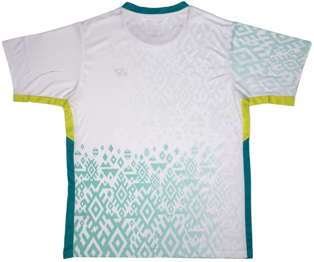 The Yonex YTM11 Mens Padel T-Shirt - White by Yonex showcases teal geometric patterns, a teal collar, yellow-trimmed sleeves and sides, and is made from quick-dry Air-Release fabric for lasting court comfort.