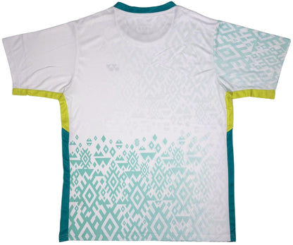 The Yonex YTM11 Mens Padel T-Shirt - White by Yonex showcases teal geometric patterns, a teal collar, yellow-trimmed sleeves and sides, and is made from quick-dry Air-Release fabric for lasting court comfort.