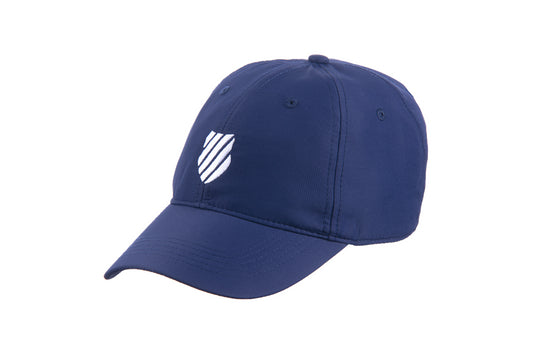 Stay protected from the sun with the K-Swiss Mens Padel Cap in navy, featuring a white embroidered shield emblem on the front.