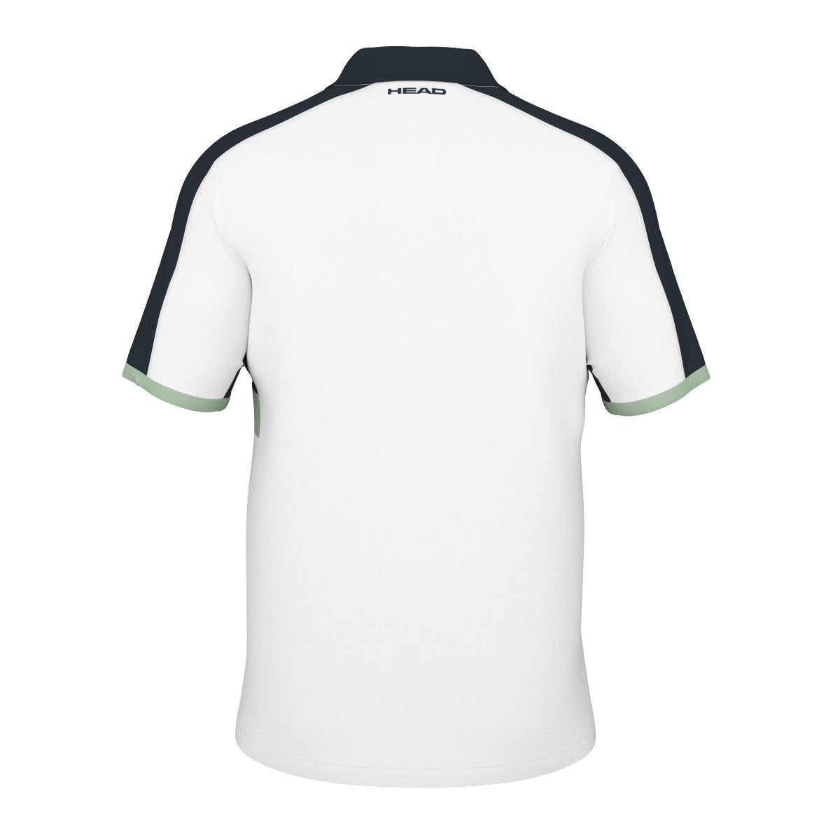 Back view of the HEAD Performance Play Tech Men's Polo Shirt showcasing a black collar and shoulder stripes. The sleeves have green accents for improved breathability with Moisture Transfer Microfiber. A small "HEAD" logo is visible at the top of the back.