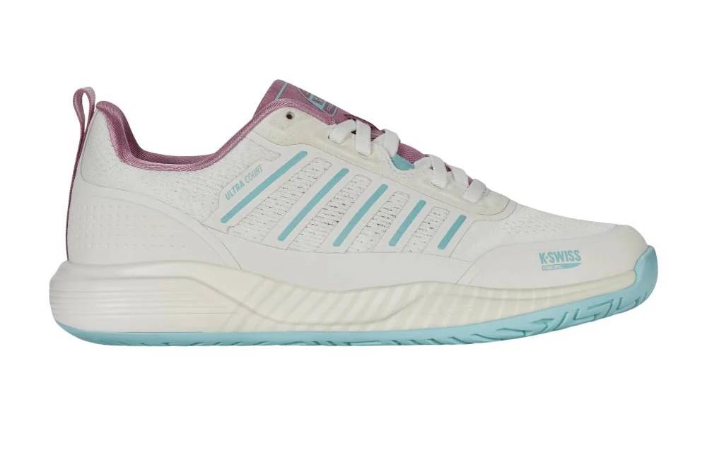 The K-Swiss Ultra Court Women's Padel Shoes, in white with pink and turquoise accents, feature a textured sole, multiple turquoise stripes on the side, and a pink interior lining. With Drag Guard 7.0 technology and a prominent logo near the sole, they ensure both style and durability.