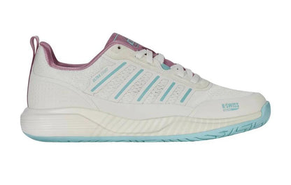 The K-Swiss Ultra Court Women's Padel Shoes, in white with pink and turquoise accents, feature a textured sole, multiple turquoise stripes on the side, and a pink interior lining. With Drag Guard 7.0 technology and a prominent logo near the sole, they ensure both style and durability.