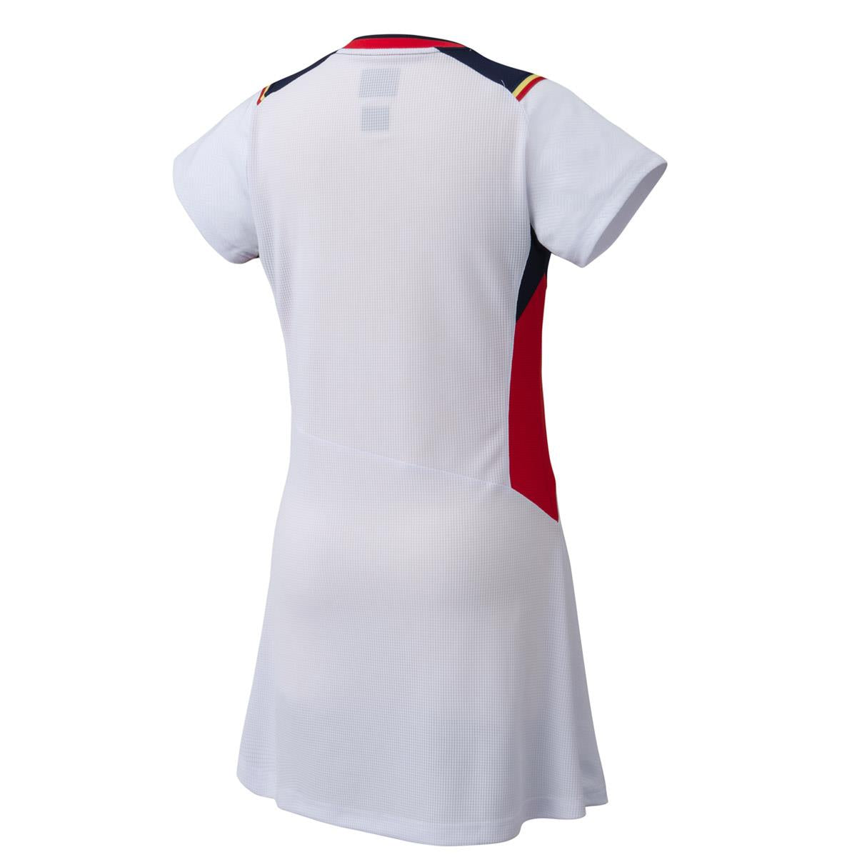 The Yonex 20686 Women's Dress in white showcases short sleeves and sporty color accents in red, black, and yellow on the shoulders and sides. It features VERY COOL technology for enhanced comfort and is designed to be stylish from the back.