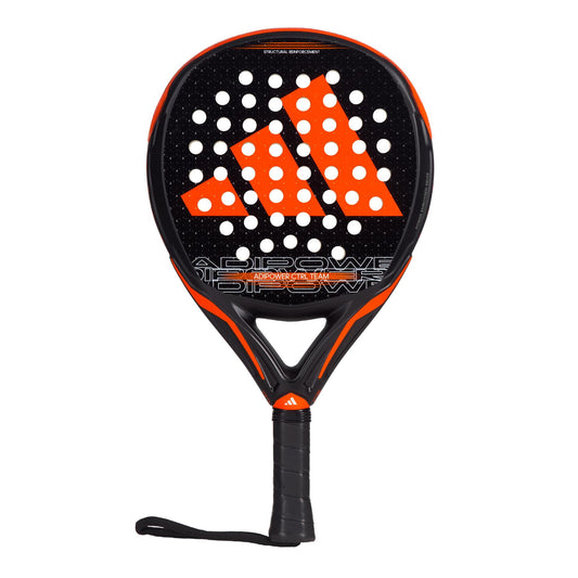 The ADIDAS Adipower CTRL Team 3.3 Padel Racket by adidas features a sleek black design highlighted by vibrant orange accents and a prominent logo. Its perforated face is designed to provide optimal control for intermediate players, while the black handle with a wrist strap ensures secure handling on the court.