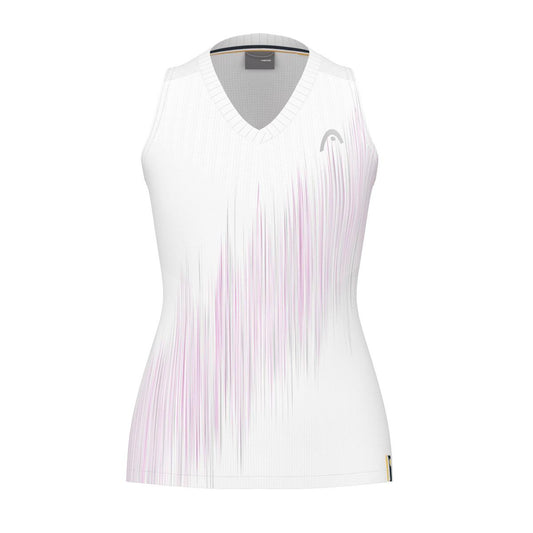 The HEAD Performance Womens Padel Tank Top - VPXR by HEAD is a white sleeveless tank top designed for women, featuring a V-neck and a delicate pattern of pink and gray lines on the front. Made with moisture-wicking microfibre, it boasts a small logo on the chest and is accented with a black and yellow tag at the hem.