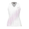 The HEAD Performance Womens Padel Tank Top - VPXR by HEAD is a white sleeveless tank top designed for women, featuring a V-neck and a delicate pattern of pink and gray lines on the front. Made with moisture-wicking microfibre, it boasts a small logo on the chest and is accented with a black and yellow tag at the hem.