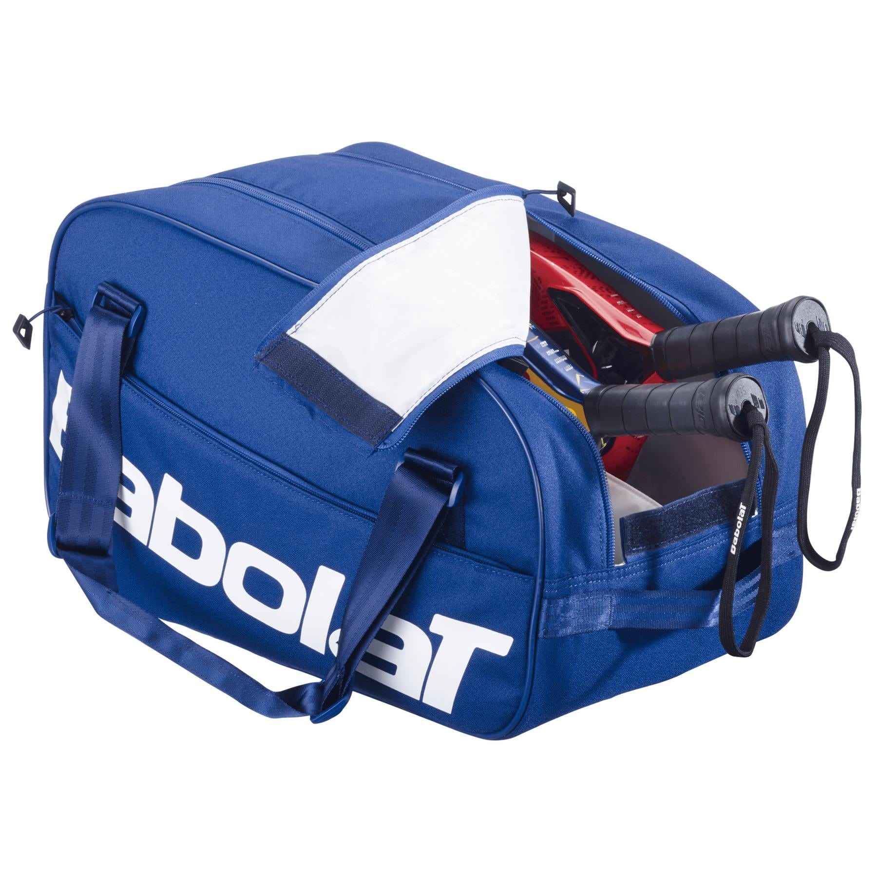 A Babolat Court S Padel Racket Bag - Dark Blue by Babolat, unzipped to reveal two tennis rackets with black handles partially visible inside.