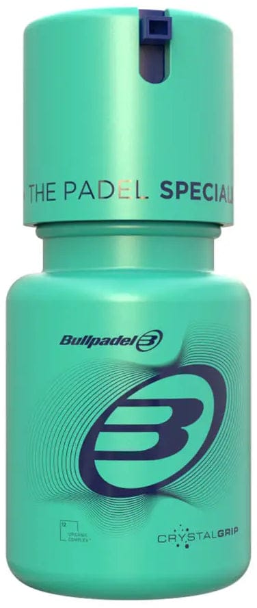 The Bullpadel Crystal Grip Gel Bottle - Sky Blue features a sporty design with Bullpadel’s "B" logo and "THE PADEL SPECIALIST" on the cap, plus an aloe vera formula for enhanced comfort and control during padel matches.