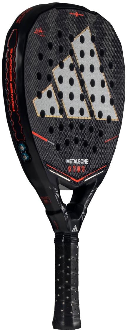 The adidas Metalbone by Ale Galán 2026 Padel Racket in black features a bold silver logo, red accents, a perforated face, and an innovative adjustable weight system, with branding and the handle highlighted at an angle.