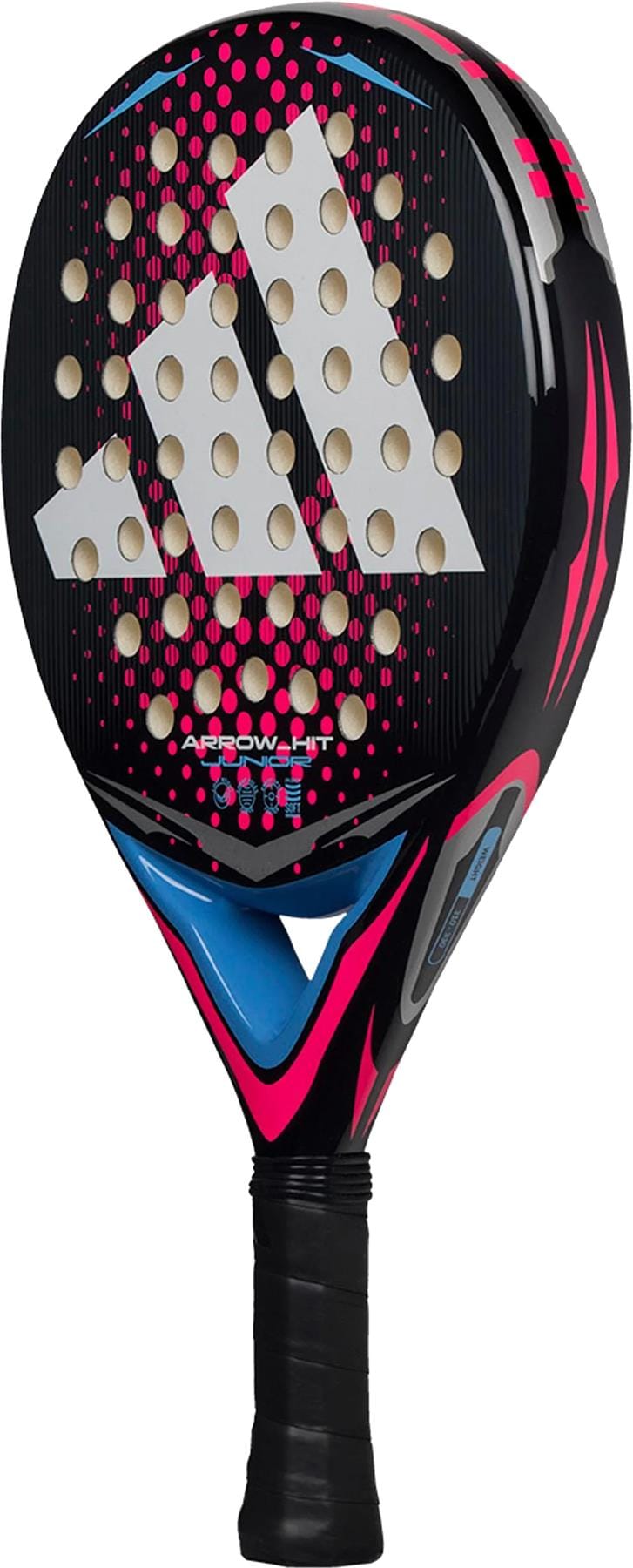 The adidas Arrow Hit Junior White / Pink Padel Racket features a large white adidas logo, multiple round holes on its textured face, a lightweight design, and a black grip handle.
