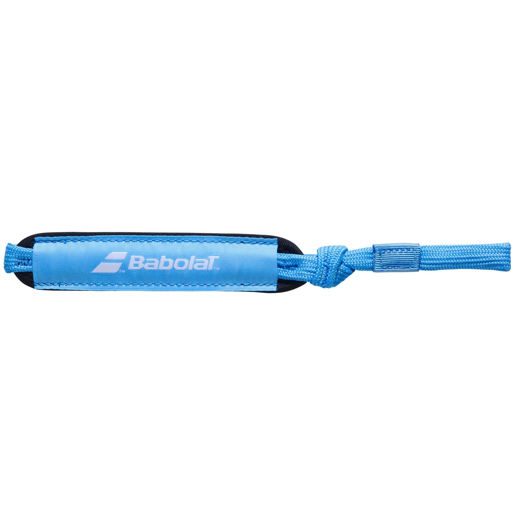 A blue Babolat Padel Wrist Strap, showcasing a knotted design and branded tag, is fully compatible with the Smart Buttcap system for effortless customization.