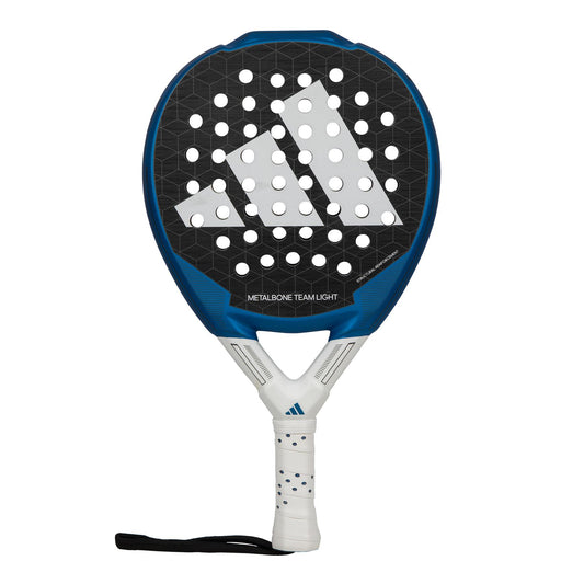 The ADIDAS Metalbone Team Light 3.3 Padel Racket in blue, branded by adidas, features a Soft Performance EVA core for optimal play and showcases a blue and white design with white dots.