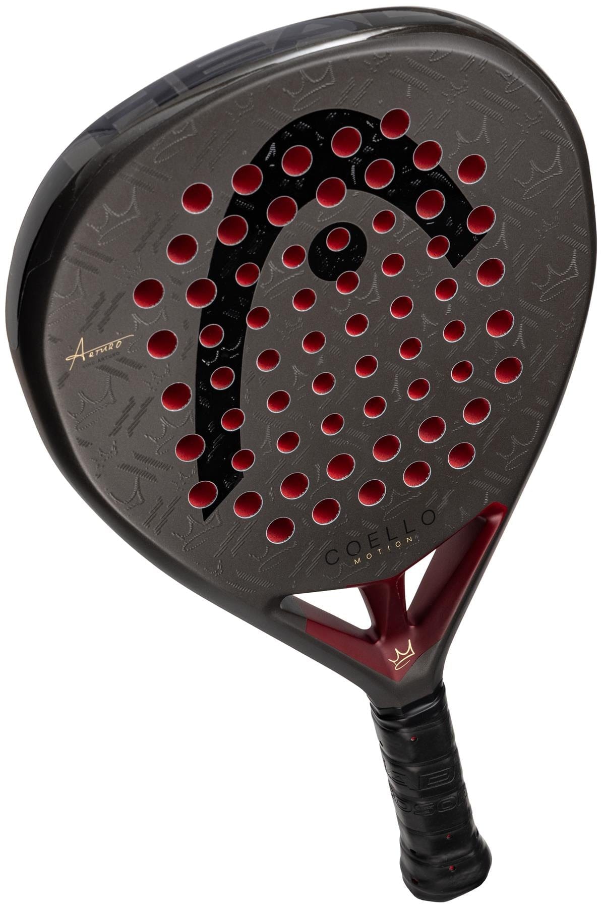 The HEAD Coello Motion 2026 Padel Racket features a black and red diamond-shaped design, textured surface with circular holes, a stylized logo at the center, and a handle wrapped in black grip tape.