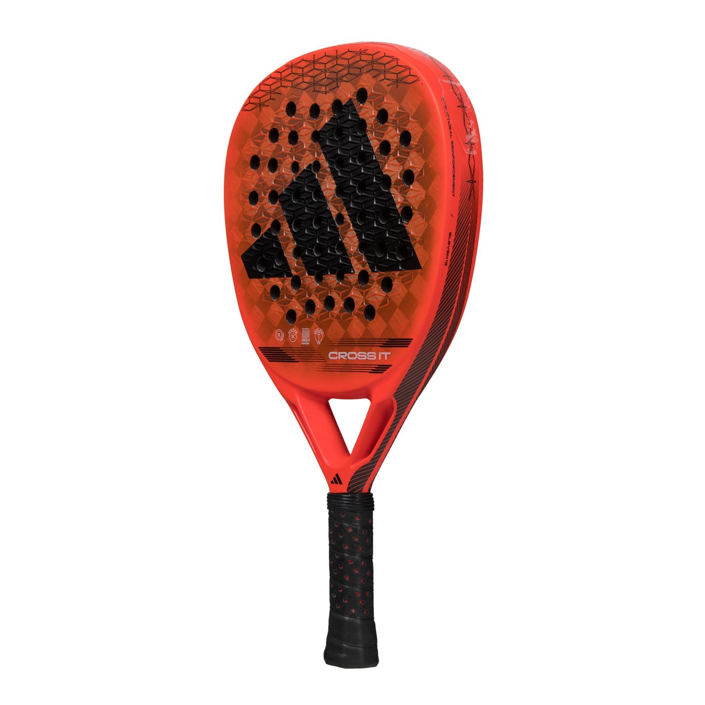 The ADIDAS Cross It Padel Racket - Red from adidas is a vibrant red racket complemented by black accents and a textured surface ideal for enhancing power and spin. It features a Spin Blade Mold, with the bold black logo prominently displayed in the center, a robust black grip handle, and distinctive branding near the base set against a white backdrop.