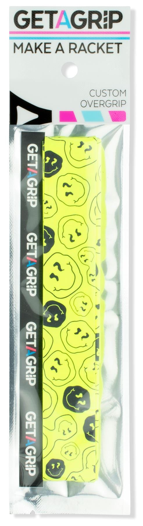 The Get a Grip Padel Overgrip - Smiley by Get A Grip features a retro bright yellow design with black smiley faces and a black band showcasing the white and pink Get A Grip logo, perfect for adding style to your racket.