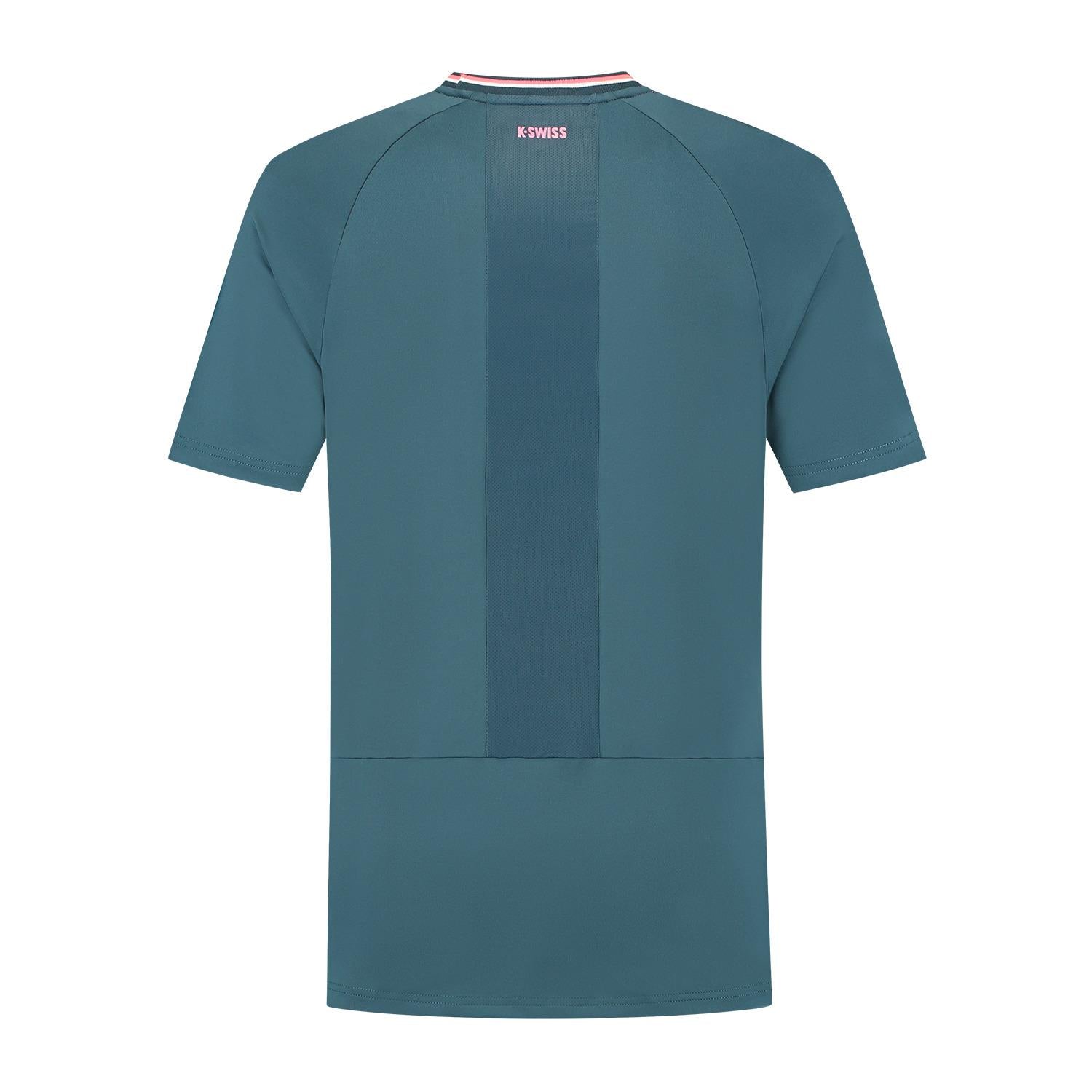 Back of the K-Swiss Hypercourt Mesh Crew 4 Men's Padel T-Shirt in Stargazer teal shows a vertical stripe and "K-SWISS" near the neckline, presenting a plain design without patterns or graphics.