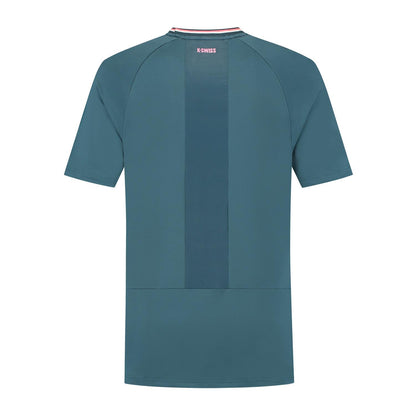 Back of the K-Swiss Hypercourt Mesh Crew 4 Men's Padel T-Shirt in Stargazer teal shows a vertical stripe and "K-SWISS" near the neckline, presenting a plain design without patterns or graphics.