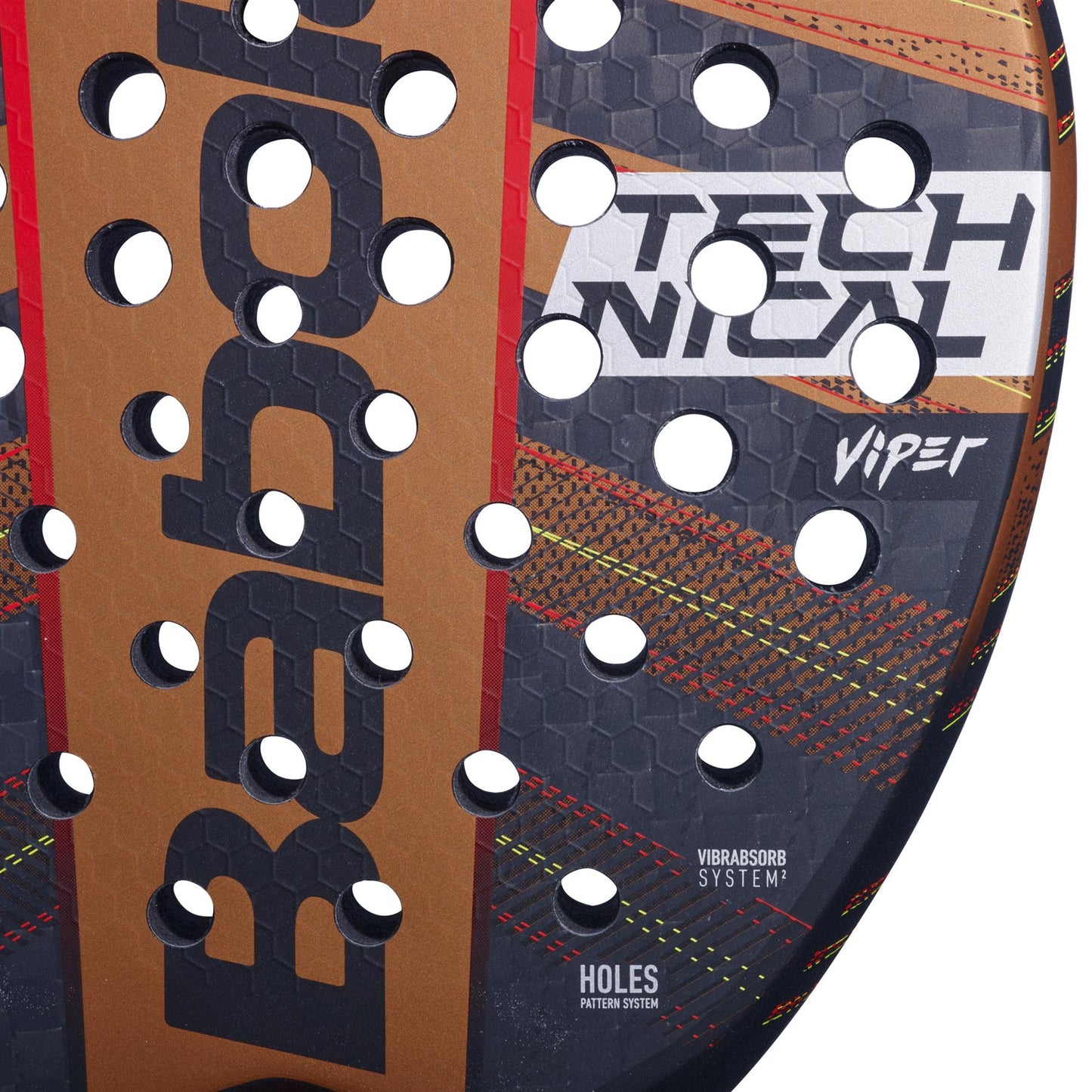 Close-up of a Babolat Technical Viper Padel Racket in copper and black, highlighting its honeycomb texture, circular perforations, and prominent branding. This vibrant design features the "VibraSorb System" for enhanced vibration dampening and the "Holes Pattern System" to deliver extreme power.