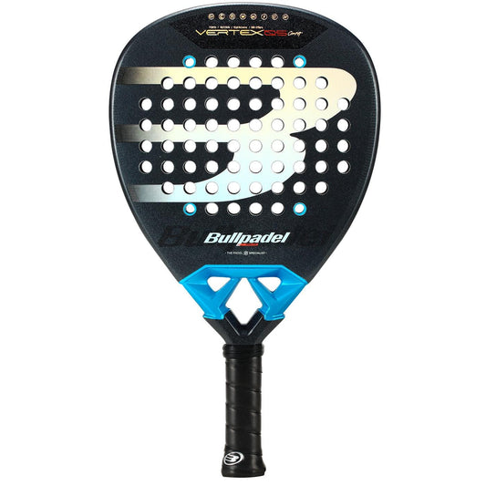 The Bullpadel Vertex 05 Comfort 2026 Padel Racket in black and blue features circular holes, a silver "B" logo, and durable Fibrix fibre construction for high performance—crafted by Bullpadel.