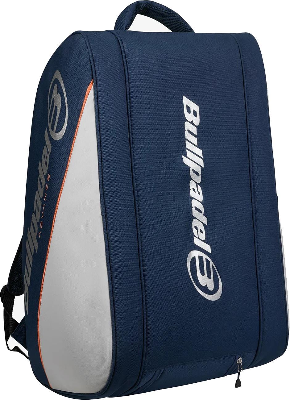 The Bullpadel BPP26014 Advance 2026 Padel Racket Bag in navy features white and orange accents, the Bullpadel logo, a top handle, and a zippered bottom compartment for convenient storage.
