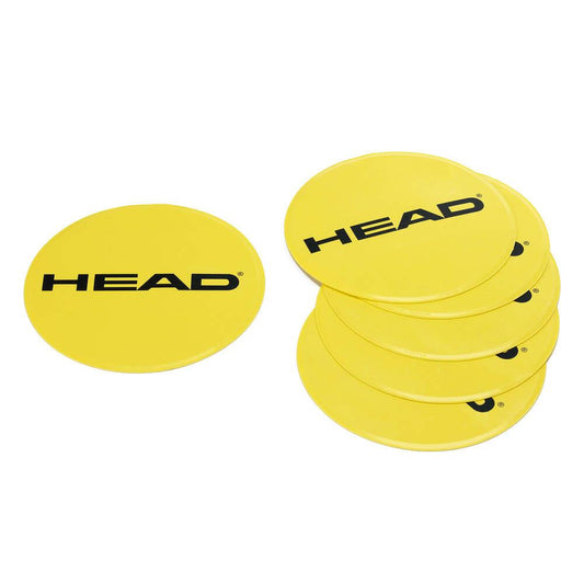 A set of five yellow round disks, branded with "HEAD," serves as an ideal tool for coordination and fitness exercises. An additional identical disk is placed separately next to the set, perfect for intensifying your workout routine with HEAD Padel Training Targets.