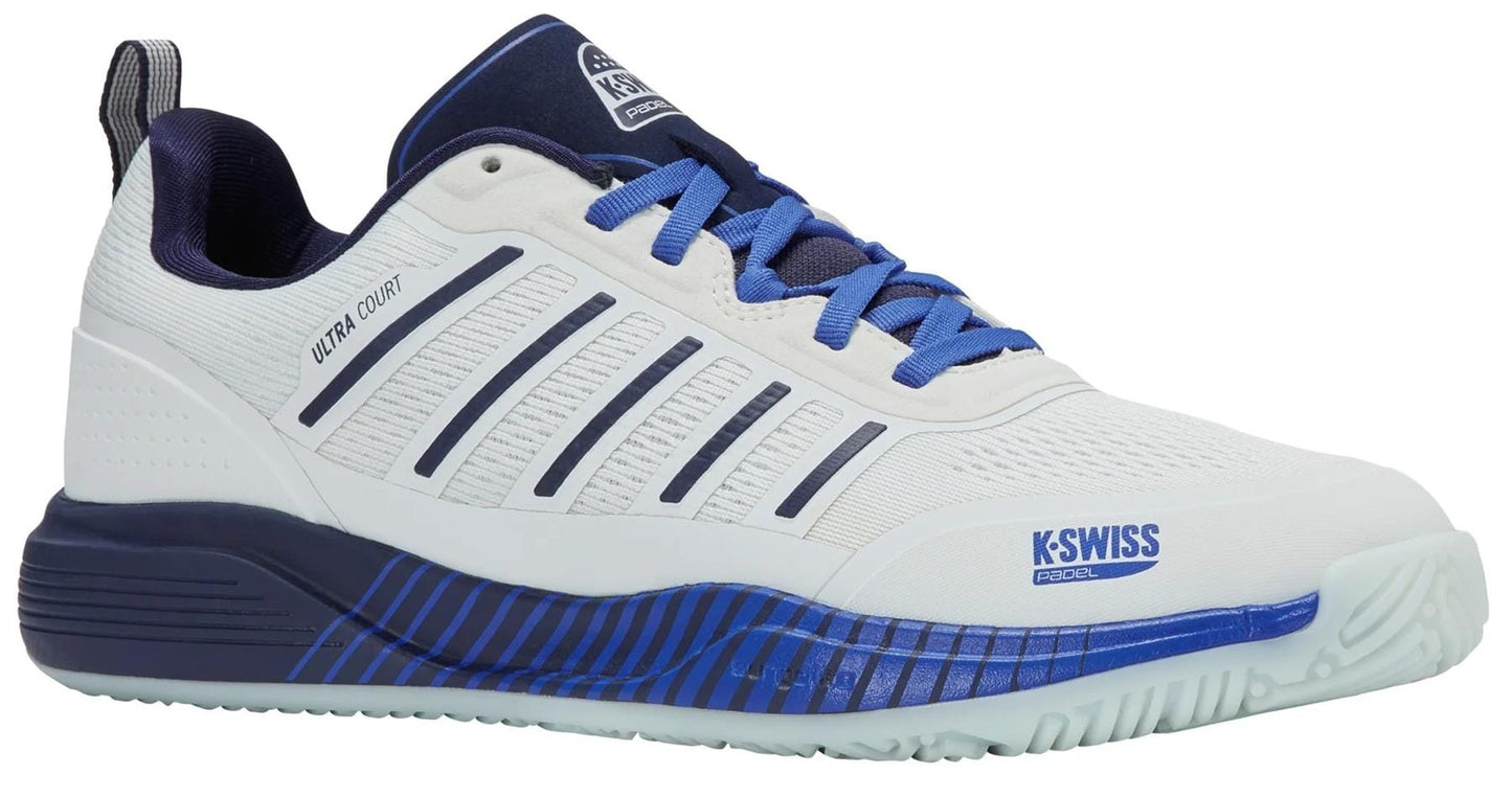 The K-Swiss Ultra Court Men’s Padel Shoes in Bit Of Blue/Naval Academy/Dazzling Blue feature navy and blue accents, blue laces, and K-Swiss branding on the side and tongue, plus a textured sole with “Ultra Court” text.