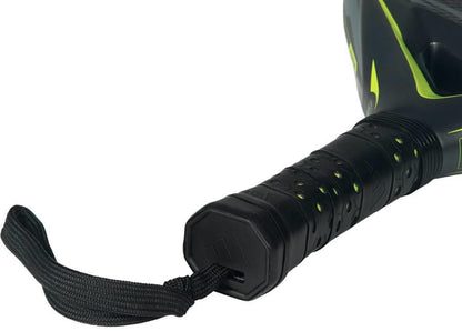 Close-up of the adidas Arrow Hit Carbon 2026 Padel Racket handle, showing its textured grip and black wrist strap.