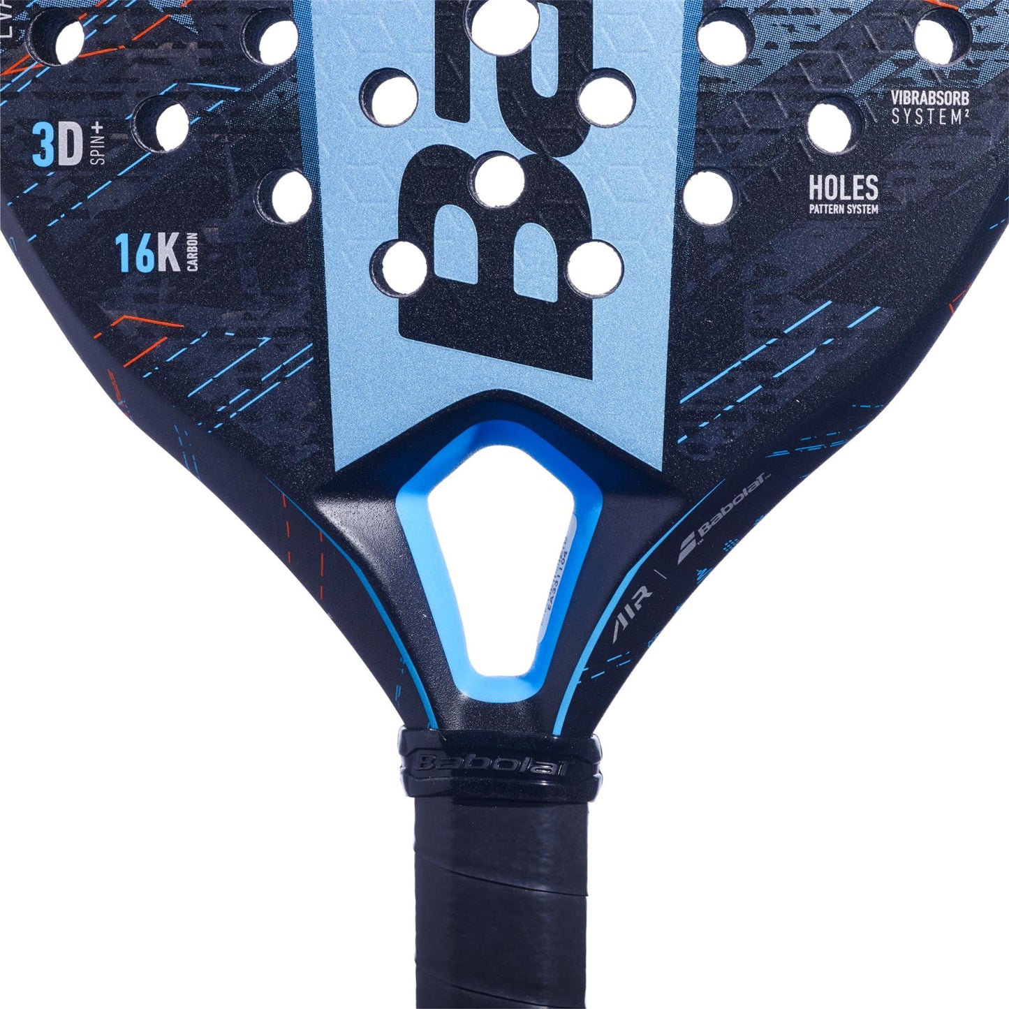 A close-up of the Babolat Air Viper Padel Racket in blue and black, accentuated with white and blue details. The handle boasts a black grip tape for enhanced maneuverability. Notable text on the racket highlights features such as "3D," "16K," "Vibrasorb System," and "Holes Pattern System" designed for explosive power.