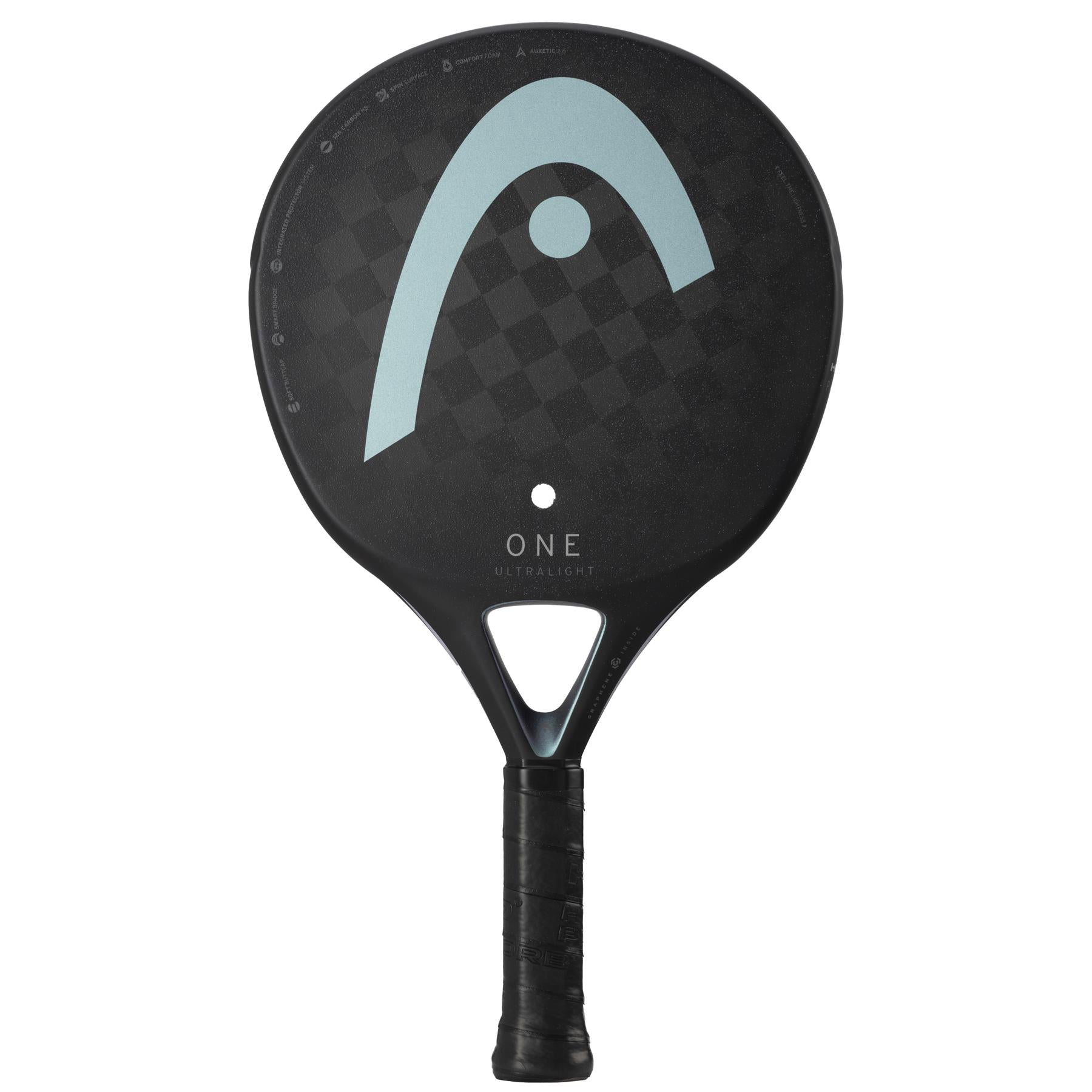 Introducing the HEAD One Ultralight Padel Racket - Black: This padel racket boasts a sleek black textured surface, enhanced by a light blue graphic design and a small white circle near the center. Its ultralight handle is wrapped in black grip tape, featuring "ONE" and "ULTRALIGHT" inscriptions that echo its modern aesthetic appeal.