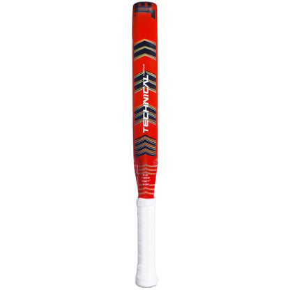 The Babolat Technical Vertuo Padel Racket showcases an eye-catching design with red as the primary color and black accents, prominently featuring "TECH YIELD" across its surface. The handle is wrapped in white grip tape, providing effortless power and improved vibration absorption with every swing.