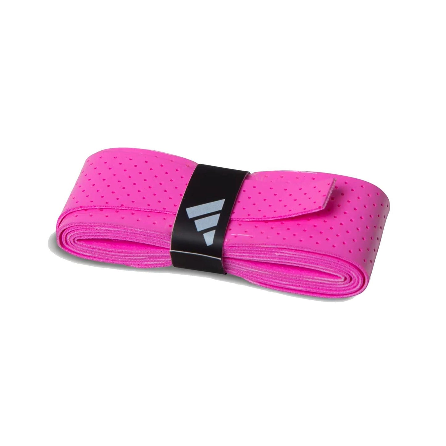 A set of three bright pink ADIDAS Padel Overgrips by adidas is coiled, featuring a perforated design and a black band with a white geometric adidas logo, displayed on a plain white background.