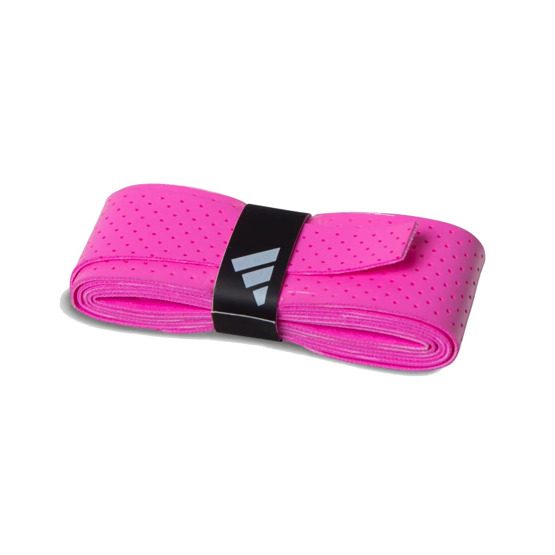A set of three bright pink ADIDAS Padel Overgrips by adidas is coiled, featuring a perforated design and a black band with a white geometric adidas logo, displayed on a plain white background.