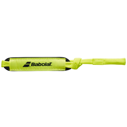 Introducing the Babolat Padel Wrist Strap in vibrant neon yellow, designed to enhance your performance on the court. This small cylindrical strap includes a Smart Buttcap and adjustable feature, making it the perfect accessory for your Babolat rackets.