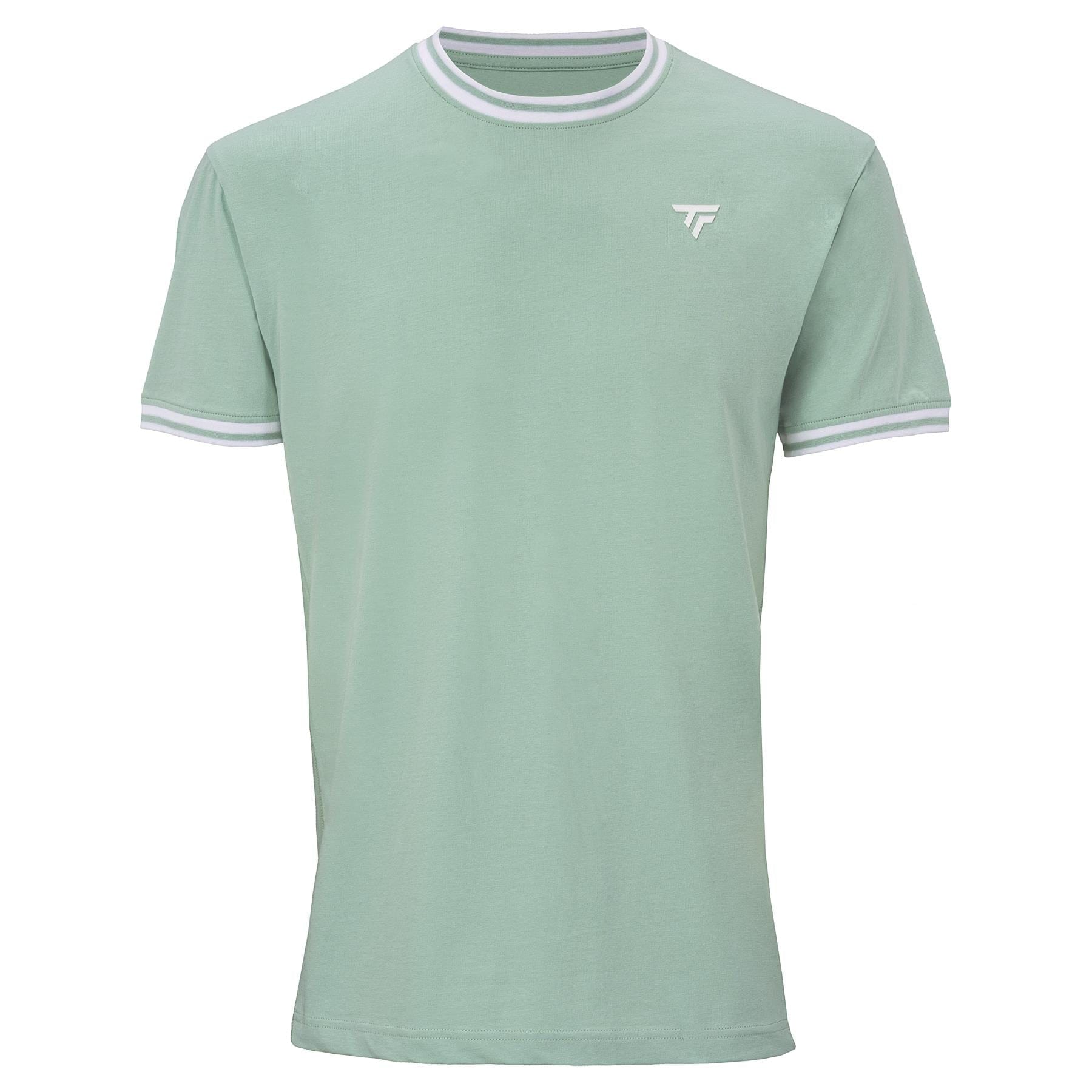 The Tecnifibre Team Stretch Mens Padel T-Shirt in sage green is made from organic cotton, with white and light gray striped collar and sleeves, and a small white chest logo. Part of the Tecnifibre Team Stretch collection.